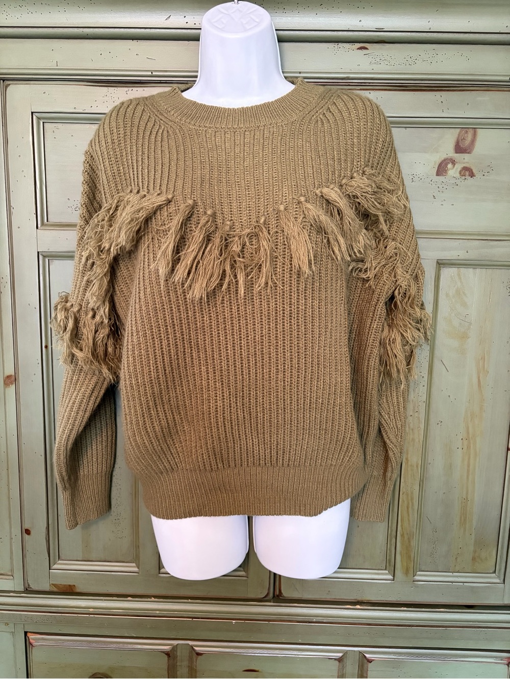 Pink Lily Green Fringe Crew Neck Sweater